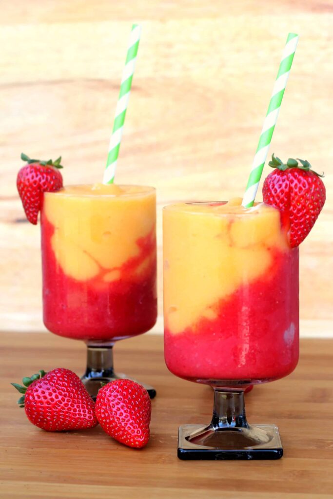 Strawberry and peach wine slushies! Only 3 ingredients but so delicious and refreshing!