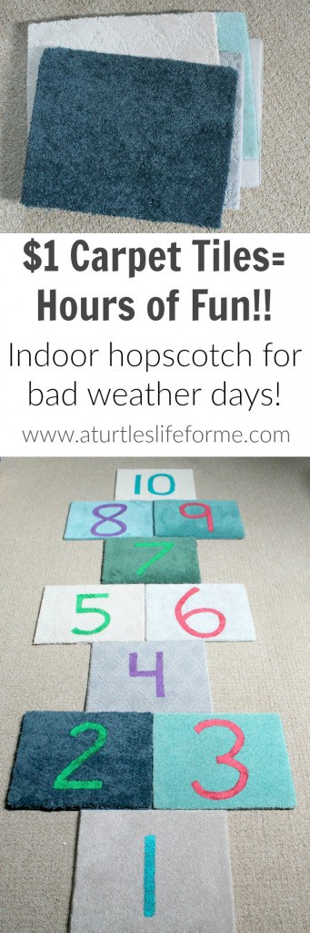 Make an indoor hopscotch set for your kids using $1 carpet tiles and craft paint!