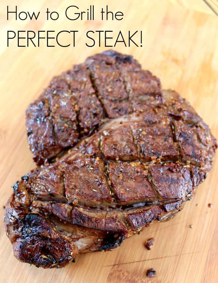 A  pinterest pin with the text How to grill the perfect steak. There is an image of a well-charred steak on a wooden cutting board. 