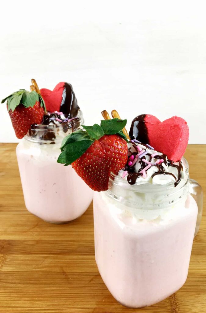 Valentine's Day Strawberry Milkshakes with chocolate toppings!