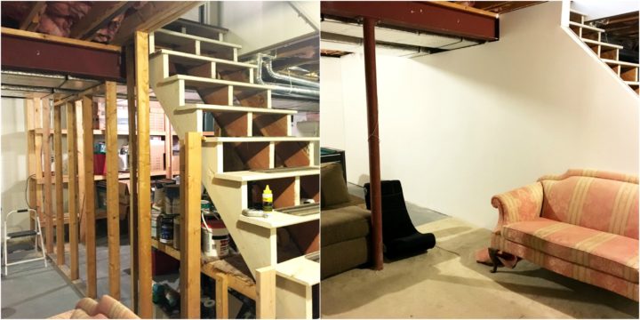 Before and after of finishing a basement wall