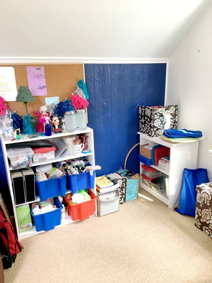 white shelves in craft room