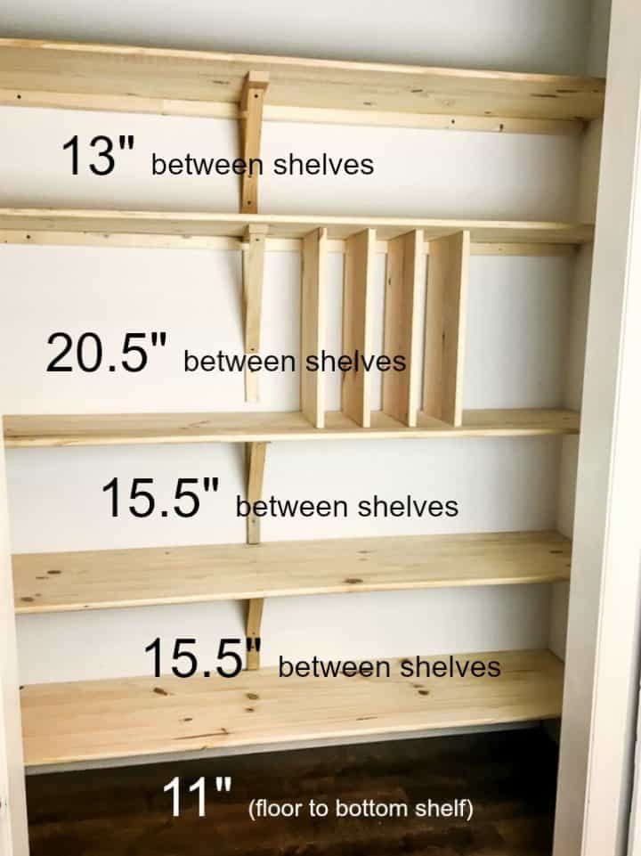 A marked up photo of DIY pantry shelves with measurements superimposed on the photo to show shelf height and spacing  